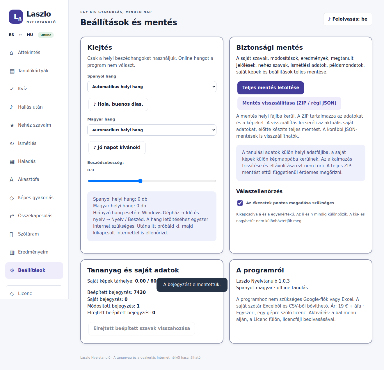 ZIP-mentés és beállítások